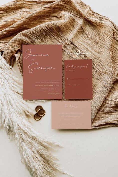 This DIY PRINTABLE and editable wedding invitation template suite features a minimalist and modern boho design. Use this template to edit all wording and font. Terracotta Wedding Invitation, Winter Onederland Invitations, Boho Wedding Invitation Template, Burnt Orange Wedding, Orange Wedding Invitations, Rusting Wedding, Mountain Wedding Invitations, Green Invitations, Burnt Orange Weddings