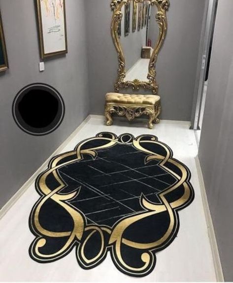 Black And Gold Room, Black And Gold Rug, Egyptian Decor, Thick Curtains, Glam Living, Gold Home Decor, Rug Abstract, Printed Carpet, Pattern Rug