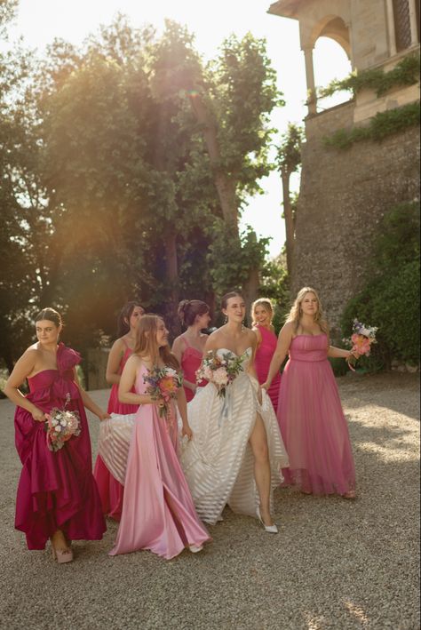 Boujee Bridesmaid Dresses, Complimentary Bridesmaid Dresses, Mismatched Shades Of Pink Bridesmaid Dresses, Red Pink Green Bridesmaids, Non Traditional Bridesmaid Outfits, Light Blue And Gold Bridesmaid Dresses, Jones New York Outfits, Bridesmaid Dress Colors Mix Match, Pink Shades Bridesmaids