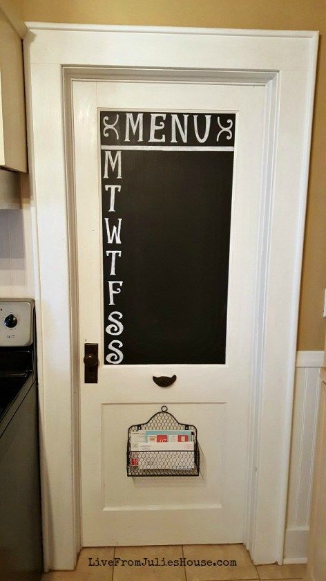 DIY Chalkboard Kitchen Door Menu Pantry Door Diy, Chalkboard Pantry Door, Chalkboard Pantry Doors, Chalkboard Kitchen, Pantry Door Ideas, Closet Door Makeover, Kitchen Chalkboard, Door Diy, Diy Budget