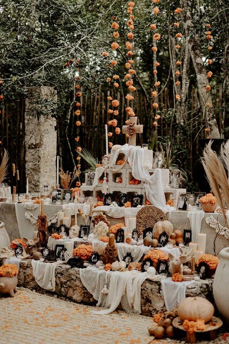 Traditional Dia de los Muertos Wedding in Tulum, Mexico Day Of The Dead Wedding Theme, Day After Halloween, Day Of The Dead Wedding, Dia De Los Muertos Decorations Ideas, Interfaith Wedding, Groomsmen Getting Ready, Wedding Decorations On A Budget, The Day Of The Dead, Wedding Altars