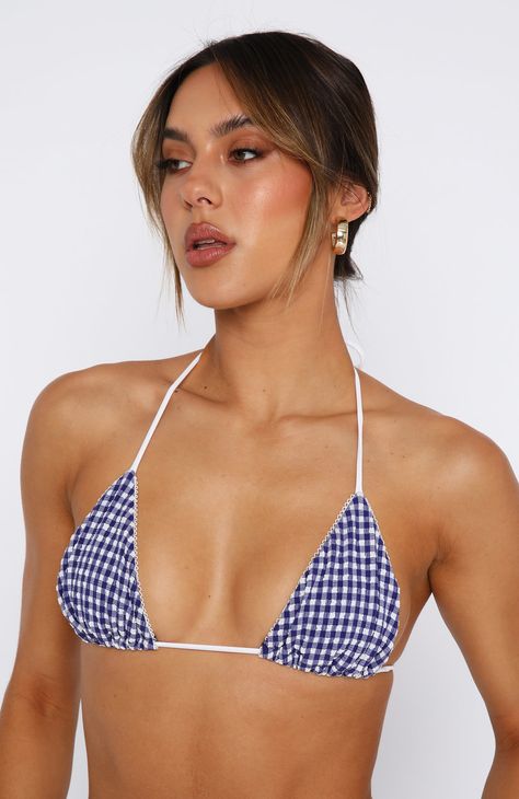 The Coral Reef Bikini Top Blue Gingham. Head online and shop this season's latest styles at White Fox. Express delivery and AfterPay available. 4th Of July Bikinis, Lake Weekend, Preppy Swimsuit, Gingham Swimsuit, Blue Bathing Suit, Beachy Style, Trendy Bikinis, White Fox Boutique, White Bikinis