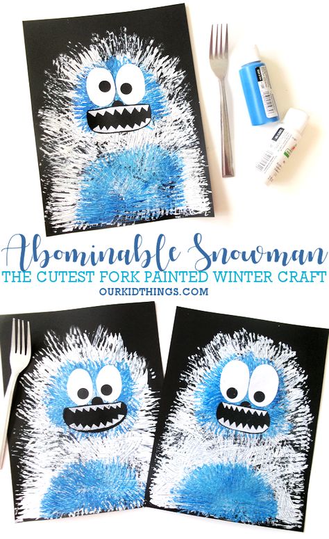 Abominable Snowman Fork Painted Craft - Our Kid Things Christmas Kid Art Projects, Activities For January For Kids, Make Believe Crafts For Preschool, January Arts And Crafts For Kids Easy, Thanks Giving Crafts Toddler, January Ideas For Kids, Fun Winter Crafts For Preschoolers, Cold Day Crafts For Kids, Winter Educational Activities For Kids