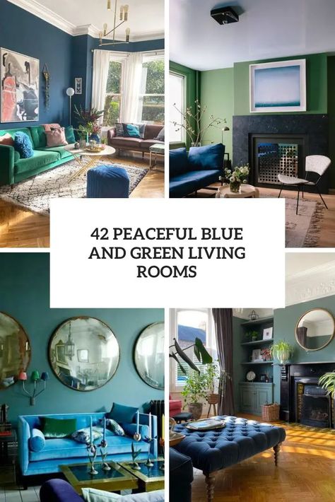 Peaceful Blue And Green Living Rooms Green Living Room Color Scheme, Green Living Rooms, Olive Living Rooms, Blue And Gold Living Room, Peaceful Living Room, Sage Living Room, Blue And Green Living Room, Blue Home Offices, Vintage Inspired Room