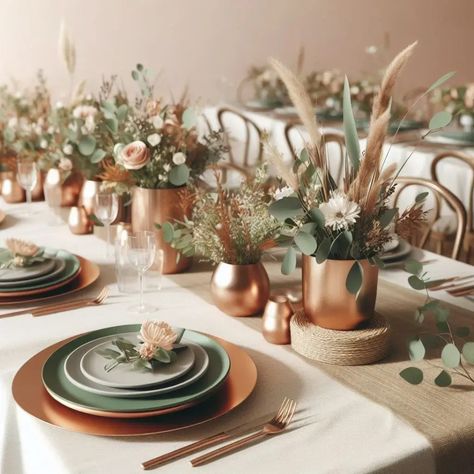 Wedding Color Palette Terra Cotta And Eucalyptus Wedding, Sage And Copper Wedding Decor, Earth Tone Wedding Table Decor, Sage Green And Amber Wedding, Sage Green Neutral Wedding, Sage Green And Terracotta Wedding Party, Copper Wedding Theme Color Palettes, Sage And Terra Cotta Wedding Decor, Sage Green And Burnt Orange Wedding Wedding Table Decor