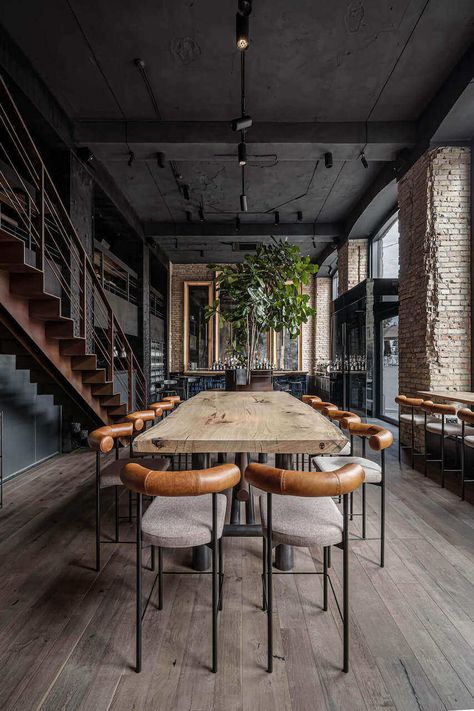 Wooden Countertops, Steel Cladding, Industrial Restaurant, Communal Table, Loft Interior, Industrial Interior Design, Bar Interior, Style Deco, Exposed Brick