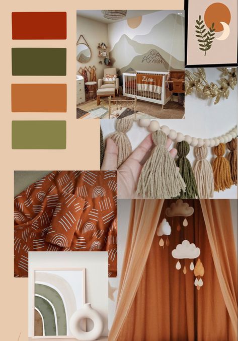 Nursery With Burnt Orange, Nursery Ideas Burnt Orange, Green Montessori Bedroom, Orange Woodland Nursery, Earth Color Nursery, Rusty Orange Nursery, Orange Dresser Nursery, Clay Color Nursery, Sage And Burnt Orange Nursery