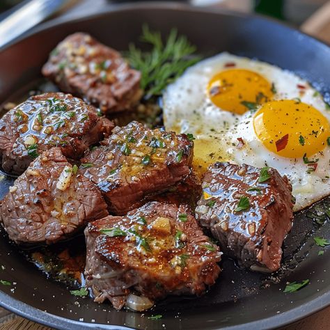 How to Make Garlic Steak Bites and Eggs for Breakfast Yummy Egg Breakfast Ideas, Breakfast Steak Recipes, Meat Breakfast Ideas, Steak Breakfast Ideas, Steak For Breakfast, Cosy Meals, Steak And Eggs Breakfast, Breakfast Steak And Eggs, Beef And Eggs