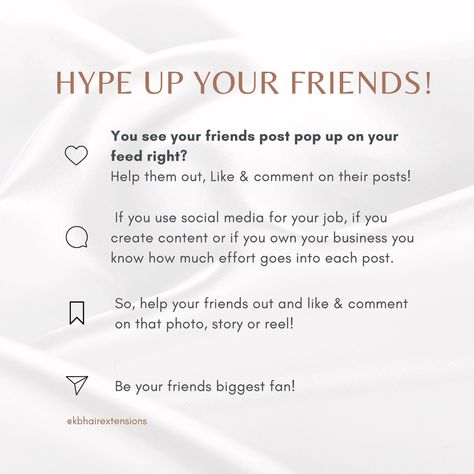 Hype up your friends! ✌🏼 A like and a comment is a small gesture when supporting a friend and their work. Be your friends biggest fan! #supportlocal #supportsmallbusiness #supportsmallbusinesses #hypeupyourfriends #hypeup #businessowner #socialmediatips #socialmedia #socialmediamarketing #engagement #like #comment #beauty #hair #fashion #hairquote #hairextensions Supporting A Friend, Search Pins, Hair Quotes, Hair Fashion, Support Small Business, Beauty Hair, Social Media Tips, Social Media Marketing, Hair Extensions