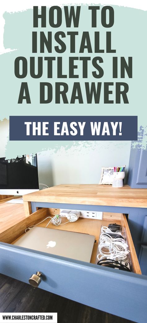 How to install outlets in drawers - Charleston Crafted How To Replace An Outlet, Plug In Drawer, In Drawer Outlet, Outlets In Bathroom Drawer, Outlets In Drawers, Outlet In Drawer Bathroom, Outlet In Cabinet, Drawer With Outlet, Adding Electrical Outlets Diy