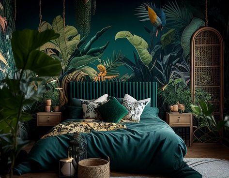 Bedroom Green Decor Ideas, Blue Green Black Bedroom, Emerald Green Earthy Bedroom, Green Bed Curtains, Bedroom Jungle Wallpaper, Forest Green Bedroom Color Palette, All Green Room Aesthetic, Dark Green Bedroom With Plants, Teal Orange And Gold Bedroom