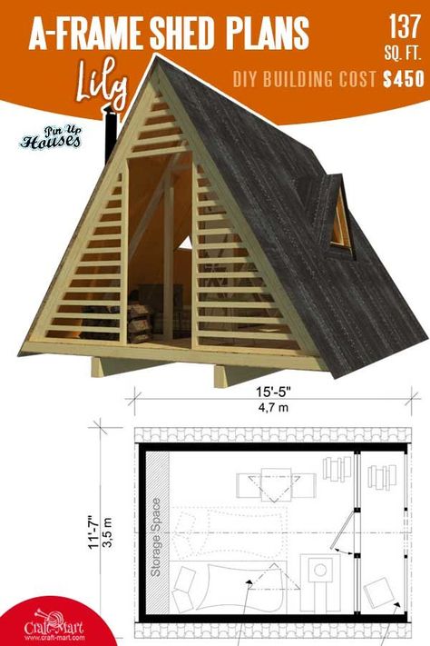 Wooden sheds are usually not the objects of interest for designers or architects. One may argue that A-frame shed plans are not practical since you can't efficiently utilize the space. Yes, this is true is you have a lot of garden tools and other things to store. However, these A-frame wooden shed plans are among the top best-sellers in the sheds and tiny cabin categories. #buildashed #shedplans A Frame Shed Diy, A Frame Shed, Wooden Tent, Diy A Frame Cabin, Frame House Plans, Prefabricated Sheds, Shed Diy, Garden Shed Diy, Prefab Sheds