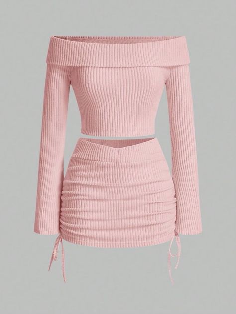 Ruched Skirt Outfit, Rok Outfit, Striped Off Shoulder Top, Knit Two Piece Set, Rock Outfit, Causual Outfits, Really Cute Outfits, Cute Simple Outfits, Pink Top