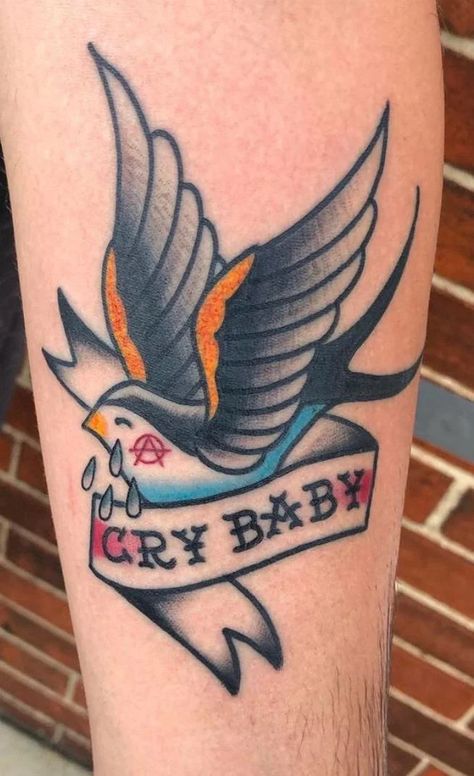 Lil peeps iconic crybaby bird tattoo Traditional Heart Tattoos, Pink Floyd Tattoo, Tattoo Banner, State Tattoos, Horse Shoe Tattoo, Vogel Tattoo, Sparrow Tattoo, Dad Tattoos, Traditional Tattoo Art