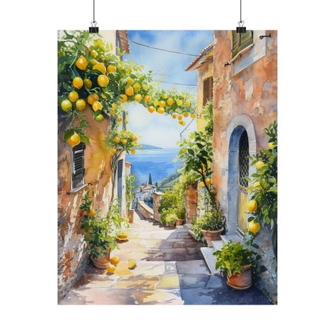 Mediterranean Watercolor Lemon Tree Wall Art Amalfi Coast Painting Italian Cityscape Print Italy Artwork Lemons Art Amalfi Coast Painting, Italy Artwork, Altea Spain, Lemons Art, Coast Painting, Watercolor Lemon, Mediterranean Art, Italian Street, Lemon Art