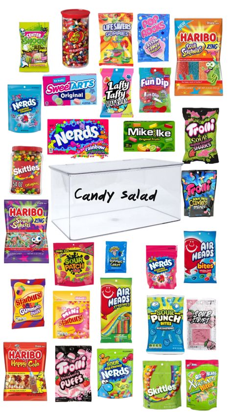 Candy salad!!🍭🍬 Candy For Candy Salad, Summer Candy Salad, Snacks To Get For A Sleepover, Candy Salad Sleepover, Candy Lady Neighborhood, Candy For Sleepovers, Candy Salad Recipe, Candy Salad Ideas, Candy Saled