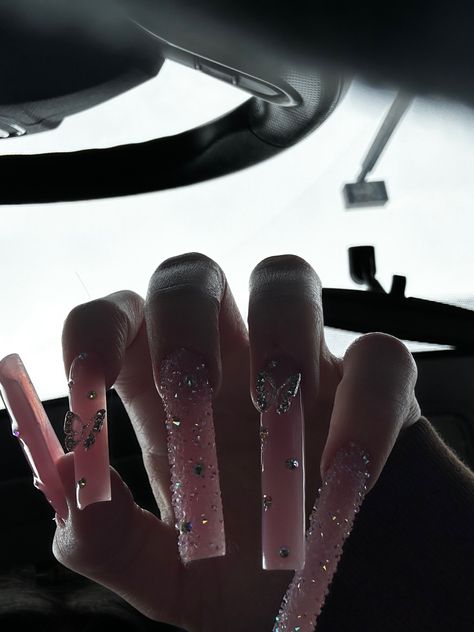 Black Nails With Pink Rhinestones, Pixie Crystals Nails, Xl Glitter Acrylic Nails, Pixie Nails Crystal, Baddie Nails Gems, Pink Pixie Nails, 17 Birthday Nails Acrylic, Long Pink Acrylic Nails With Diamonds, Long Girly Nails