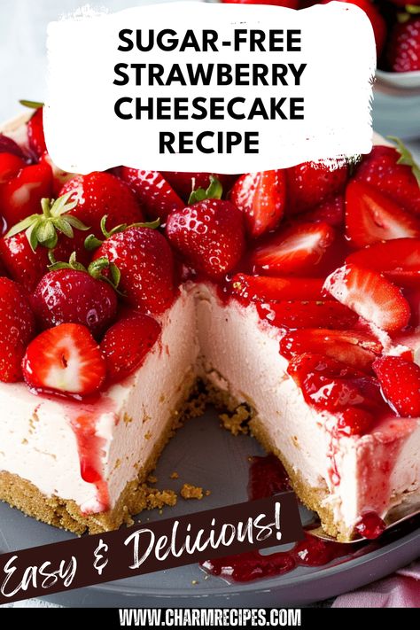 Enjoy a luscious Sugar-Free Strawberry Cheesecake that's simple, delicious, and creamy! This No-Bake dessert is perfect for those who want to satisfy their sweet tooth while keeping their calorie count down. With natural sweeteners and fresh strawberries, it delivers a delightful taste without the sugar. Ideal for gatherings, celebrations, or just a cozy night in, this cheesecake promises to impress without the guilt. Experience an easy kitchen creation designed for health-conscious dessert lovers everywhere! Strawberry Low Carb Dessert, Sugarfree Cheesecake Recipes Sugar Free, Healthy Cheesecake Recipes No Bake, Low Cholesterol Cheesecake, Sugar Free Desserts For Diabetics Pie, Jello Sugar Free Cheesecake Pudding Recipes, Healthy Cheesecake Bars, No Sugar Cheesecake Recipes, Sugar Free Cakes Recipes