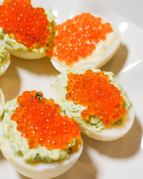 Deviled Eggs With Salmon Roe, Shrimp Quiche, Sausage Salad, Salmon Caviar, Truffle Mushroom, Fancy Appetizers, Salmon Roe, Cheese Quiche, Spicy Salmon