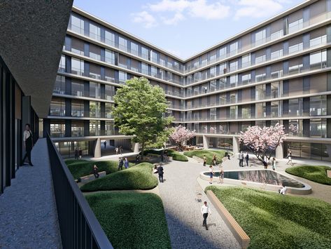 David Chipperfield Architects – Office building Karlstraße Sawtooth Roof, Campus Landscape, Patio Courtyard, Apartments Exterior, David Chipperfield Architects, David Chipperfield, Commercial And Office Architecture, Commercial Landscaping, Courtyard Design