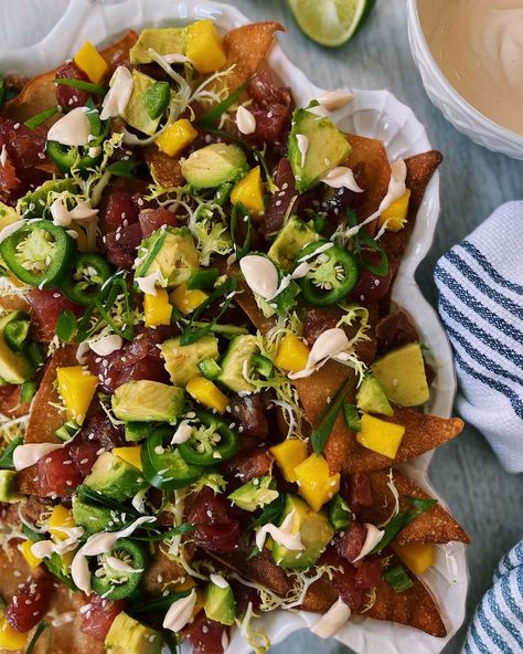 Tuna Wonton Nachos, Tuna Wonton, Wonton Nachos, Tuna Nachos, Sushi Grade Tuna, Wonton Chips, Ahi Poke, Mango Avocado Salsa, Mango Avocado