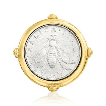 Established in 1952, Ross-Simons presents contemporary styles with a timeless appeal. From Italy, this 2-lira coin ring features a sweet bee with the words "Republica Italiana" around the border. The perfect way to pay homage to Italian culture! Crafted in polished 18kt yellow gold over sterling silver. 1" wide. 18kt yellow gold over sterling silver lira coin ring. Each Ross-Simons item arrives in a fine jewelry presentation box. Shop Ross-Simons jewelry risk-free as all items include a 30-day, Coin Charm Bracelet, Bee Ring, Black Leather Bracelet, Italian Culture, Coin Earrings, Coin Ring, Natural Gold, Bangle Bracelets With Charms, Jewelry Stand