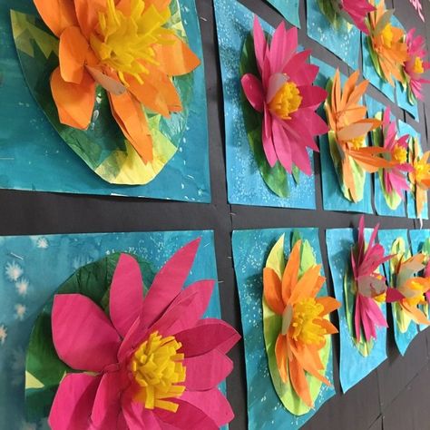 3-D WATER LILIES! 2nd GRADE! – Art with Mrs Filmore 3rd Grade Art Show Projects, Crepe Paper Art Ideas, 2nd Grade Spring Art Projects, Student Art Projects, One Day Art Lessons Elementary, Elementary School Art Projects, First Grade Art Projects, Waterlily Art, Art Lessons For Elementary