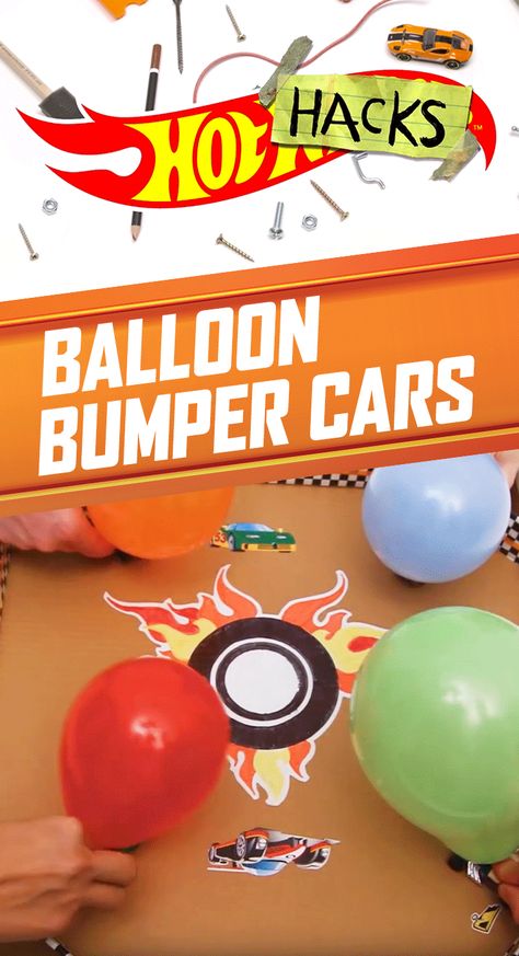 Give kids’ competitive spirits a boost with Balloon Bumper Cars. Kids can make their own aren a with a pizza box, washi tape and stickers. Then, kids can inflate balloons, tape them to Hot Wheels cars, and then let them go to see who is the last one standing. Find details on how to build this indoor party game on our DIY Hot Wheels Hot Hacks video here. Hot Wheels Games Birthday Parties, Hot Wheels Party Activities, Hot Wheels Birthday Party Activities, How Wheels Birthday Party, Hot Wheels Birthday Party Games, Hot Wheels Birthday Party Ideas Diy, Hot Wheels Party Games, Hot Wheels Party Food, Cars Birthday Party Games