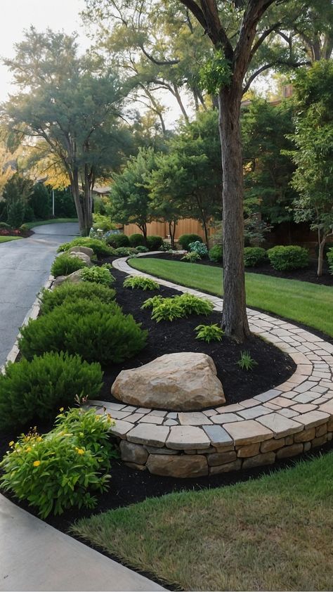 Design a tranquil Zen garden with sand, rocks, and minimalistic plants like bamboo or bonsai. Different Driveway Ideas, Landscaping Near Driveway, Side Driveway Landscaping Ideas, Next To Driveway Landscaping, Sloping Driveway Landscaping, Roadside Landscape Design, U Driveway Ideas Front Yards, Business Landscaping Ideas, Small Driveway Landscaping