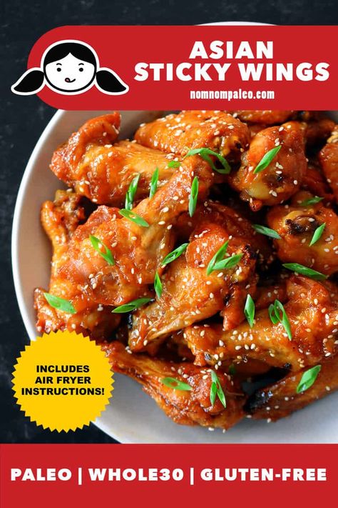 These paleo Asian Sticky Wings are crispy, sweet, spicy, and perfect for game day. With this simple recipe, you’ll get a big batch of healthy finger-licking sticky wings out of your oven or air fryer—and they’re gluten-free and Whole30-friendly to boot! #paleo #chickenwings #stickywings #glutenfree #gamedayfood #Whole30 Asian Sticky Wings, Paleo Baking Powder, Sticky Wings, Asian Chicken Wings, Paleo Gluten Free Recipes, Paleo Chicken Recipes, Nom Nom Paleo, Paleo Baking, Asian Chicken