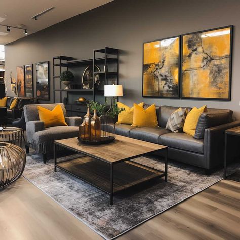 Grey And Espresso Living Room, Yellow Grey Living Room Decor, Grey And Brown Rustic Living Room, Grey Black Yellow Living Room, Black White Brown Gray Living Room, Charcoal And Mustard Living Room, Brown And Gray Sofa, Black White Grey And Brown Living Room, Dark Brown And Yellow Living Room