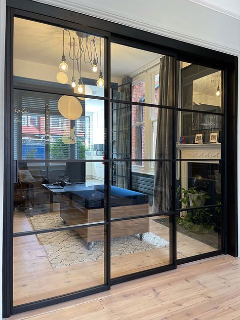 Interior Sliding Glass Doors, Sliding Doors Internal, Crittal Doors, French Doors Bedroom, House Extension Plans, Basement Office, Glass Room Divider, Internal Glass Doors, Internal Sliding Doors