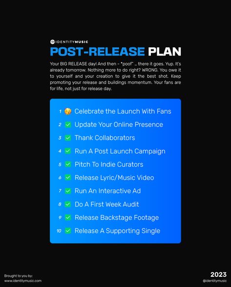 Post-release plan is out! When you thought you were done promoting your release... #postrelease #newrelease #releaseplan #releasepromotion Artist Management Music, Marketing Examples, Music Release, Music Theory Lessons, Music Marketing, Launch Campaign, Album Diy, Social Media Promotion, Music Sing