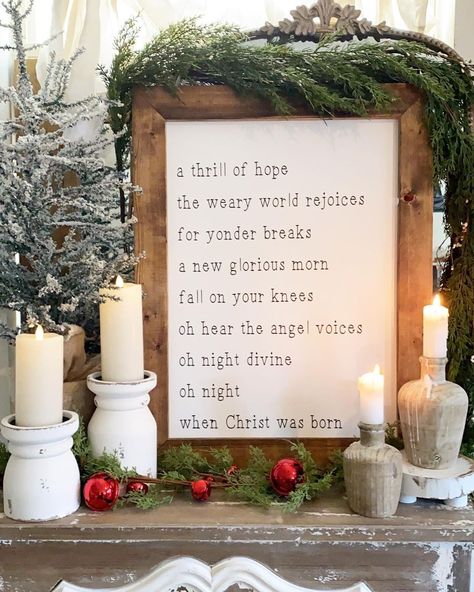 ANTIQUE FARMHOUSE on Instagram: “📷: @gracefulhomedesigns Starting off our Sunday with this glorious vignette styled by ⁠Christy. Isn't her framed sign such a beautiful…” Fall On Your Knees, Vignette Styling, Country Christmas Decorations, 12 December, Christmas Sign, All Holidays, Antique Farmhouse, Diy Signs, Country Christmas