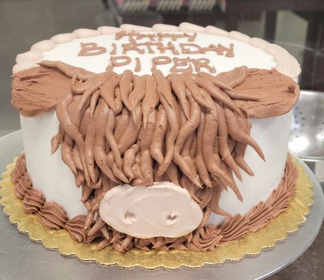 Easy Highland Cow Cake, Cow Cakes For Boys, Highland Cow Sheet Cake, Brown Cow Cake, Cow Cake Birthday Boy, Highland Cow Smash Cake, Hyland Cow Cake, Highland Cow Birthday Cake, Cow Themed Cake