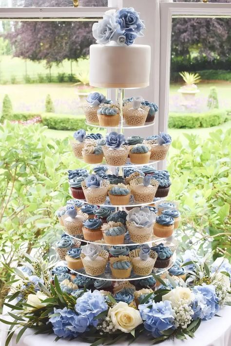 Blue Cupcake Wedding Cake, Light Blue Cupcakes Wedding, Small Blue Wedding Cake, Dusty Blue Wedding Cupcakes, Blue Wedding Desserts, Dusty Blue Cupcakes, Blue Dessert Table, Dusty Blue Wedding Cake, Blue Wedding Cupcakes