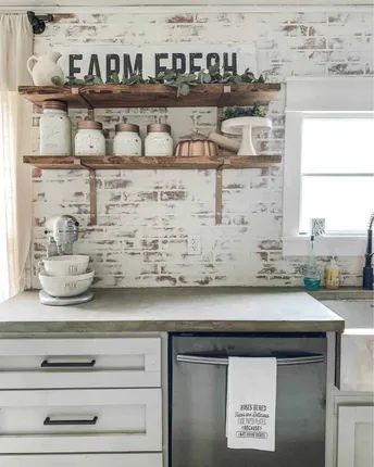 Farmhouse Style Backsplash, Faux Brick Backsplash, Brick Farmhouse, Brick Backsplash Kitchen, Faux Brick Panels, Farmhouse Kitchen Backsplash, White Wash Brick, Faux Brick Walls, Mobile Home Living