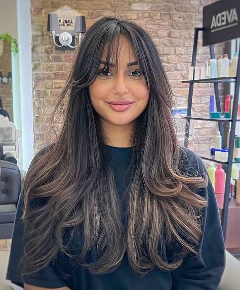 24 Ultimate Ways to Get Long Bangs for Long Hair Hairstyles With Curtain Bangs, Layered Hair With Bangs, Bangs With Medium Hair, Hairstyles For Layered Hair, Long Dark Hair, Long Bangs, Haircuts Straight Hair, Long Hair With Bangs, Black Hairstyles