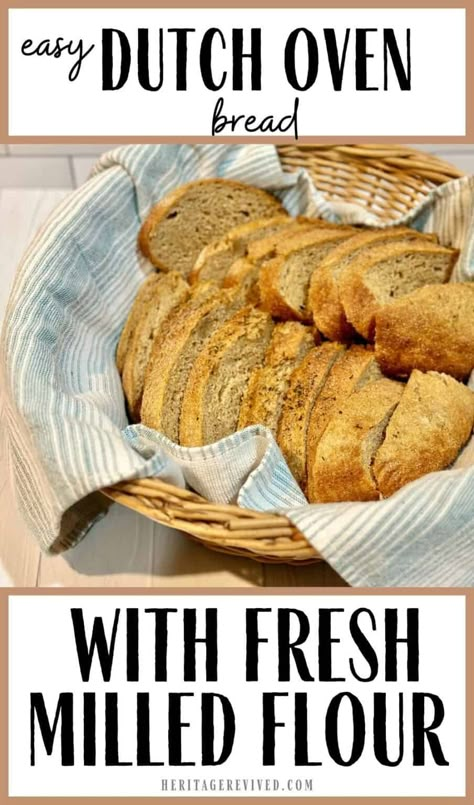 Crusty Whole Wheat Dutch Oven Bread Recipe - Heritage revived Whole Wheat Dutch Oven Bread, Wheat Dutch Oven Bread, Dutch Oven Bread Recipe, Wheat Berry Recipes, Fresh Milled Flour, Whole Wheat Sourdough, Oven Bread, Wheat Bread Recipe, Dutch Oven Bread