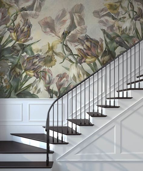 10 Best Staircase Ideas You Haven’t Seen Staircase Design Wallpaper, Curved Staircase Wallpaper, Panels And Wallpaper, Art Work On Staircase Wall, What To Do With A Curved Wall, Stair Area Wall Design, Top Of Stairs Wall Ideas, Edwardian Staircase Ideas, Wallpaper On Staircase Wall