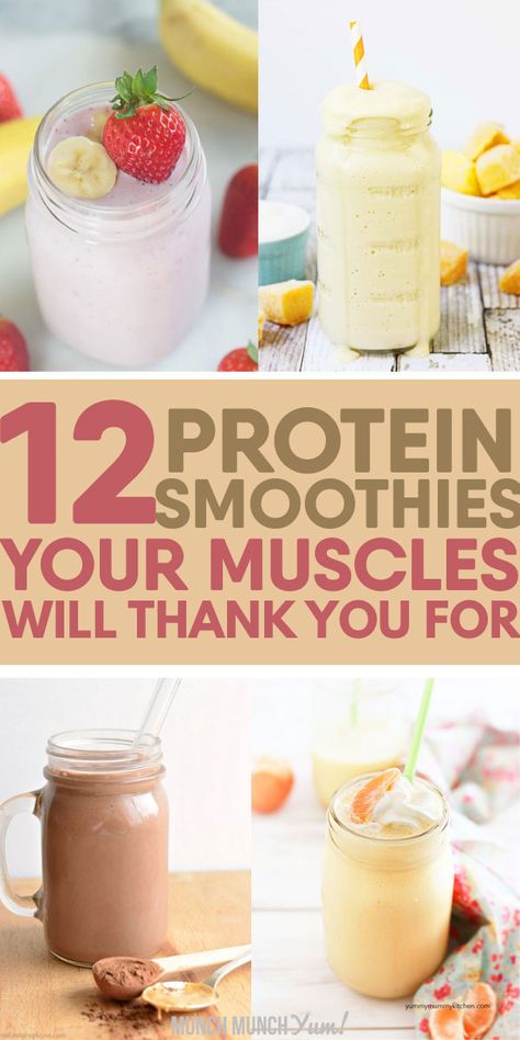 Best, healthy high PROTEIN SMOOTHIE RECIPES with or without powder for weight loss, easy meal replacement, post workout muscle recovery, natural green detox, or simple morning breakfast bowl for kids. Chocolate, mocha, coffee, strawberry, peanut butter, vanilla, pineapple, mango, banana, blueberry, peach, spinach, oats, kale, avocado, pumpkin, orange, hemp, apple, cinnamon, yogurt, berry fruit, almond milk and other great flavors. Low-carb, dairy free, vegan ones too #smoothies #healthysmoothies Smoothie Recipes Post Workout, High Protein Morning Smoothie, Protein Shake Recipes Orange Juice, High Protein Fruit Smoothie Recipes, Post Workout Smoothie Without Powder, Vanilla Muscle Milk Recipes, Healthy Smoothies Without Protein Powder, Healthy Protein Shakes Without Powder, Natural High Protein Smoothies