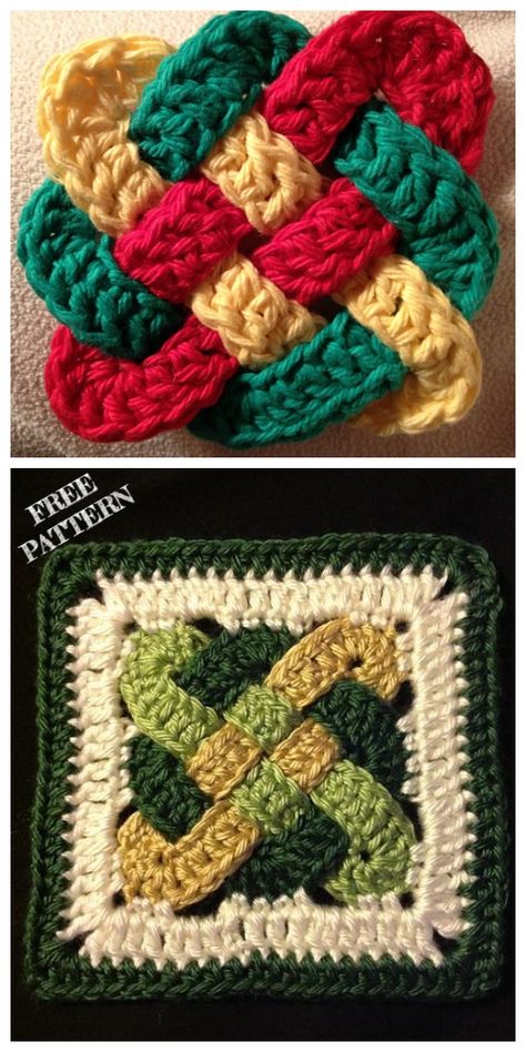 Crochet Celtic Knot Square Free Crochet Pattern Celtic Knot Crochet Pattern Free, Celtic Crochet Patterns Free, Crochet Celtic Knot, Celtic Crochet, Crochet Celtic, Free Pattern Knitting, Granny Square Pattern Free, Crochet Potholder Patterns, Crochet Coasters Free Pattern