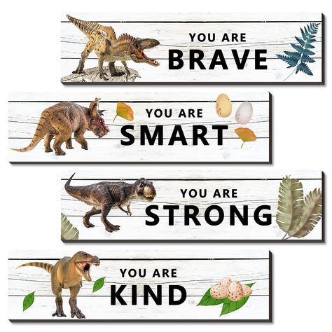 PRICES MAY VARY. Packed in 4 Pieces: you will receive 4 pieces of wooden Dinosaur signs, with inspirational quotes written on it; It is a good decoration to create confidence for your child Suitable Dimension: each inspirational quote Dinosaur wall decor measures approx. 11.8 x 3.1 in Reliable Material: these Dinosaur decorations for boys bedroom are made of wood, which will not easy to peel, rot or deform; Each plaque is designed with 2 installed triangle hooks on the left and right side for ea Dinosaur Room Decor, Dinosaur Nursery Decor, Kids Bedroom Boys, Dinosaur Wall Decor, Dinosaur Room, Motivational Decor, Dinosaur Wall Art, Inspirational Quotes Wall Art, Dinosaur Wall