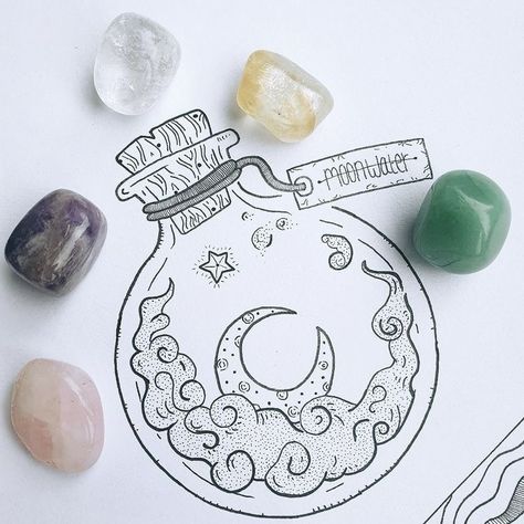 Moon Water Jar Ideas, Moon Potion Tattoo, Witchy Drawings Easy, Moon And Crystals Drawing, Spell Jar Drawing, Spell Jar Tattoo, Full Moon Doodle, Water Related Tattoos, Moon Water Tattoo