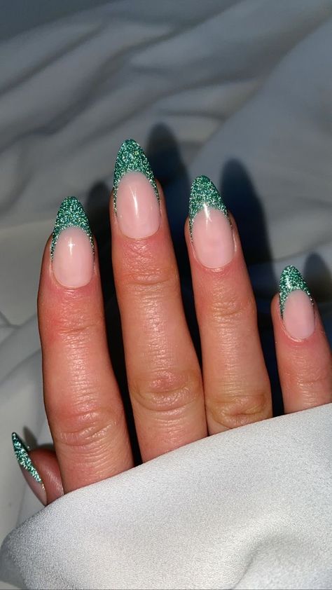 Green Sparkly Nails, French Nails Glitter, Tip Nail Designs, Glitter French Nails, Nail Vibes, Glitter Tip Nails, Hoco Nails, Custom Press On Nails, Pointy Nails