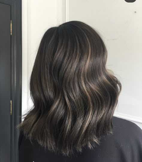 Black With Babylights, Minimal Balayage Dark Brown Hair, Black Hair With Babylights Short, Hairlights In Dark Hair, Mushroom Brown Hair Color Shoulder Length, Dark Brown Hair With Minimal Highlights, Dimensional Brunette Cool Tone, Babylights Black Hair, Babylights Dark Hair