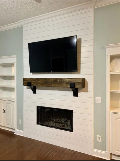 Flat Shiplap Fireplace Wall, Fireplace Tv Stand Diy, Built In Around Fireplace, Floating Fireplace, Electric Fireplace Wall, Built In Electric Fireplace, Ranch House Decor, Rustic Basement, Den Ideas