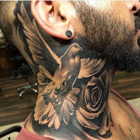 Dove Neck Tattoo, Back Of Neck Tattoo Men, Side Neck Tattoo For Guys, Rose Neck Tattoo, Hals Tattoo Mann, Front Neck Tattoo, Full Neck Tattoos, Best Neck Tattoos, Small Neck Tattoos