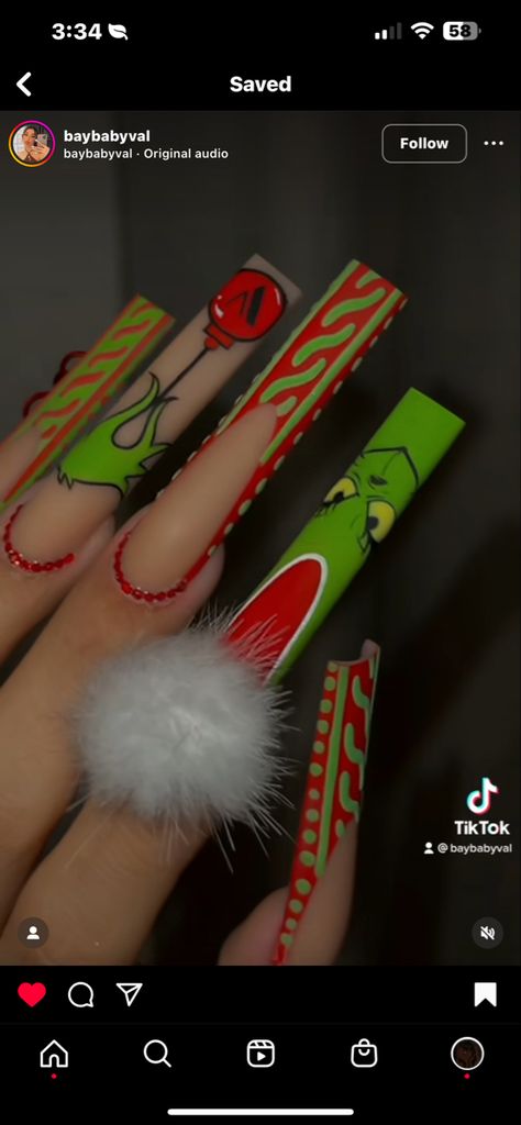 Grinch Stilleto Nails, Long Square Nails Christmas, Grinch Nails Designs Step By Step, The Grinch Nail Designs, Christmas Nails The Grinch, Christmas Nails Long Stiletto, Grinch Christmas Nails Acrylic, Grinch Christmas Nail Designs, Grinch Theme Nails