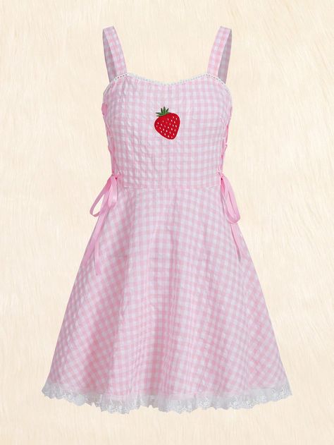 Kawaii Gingham Print Strawberry Embroidery Lace Trim Cami Dress Strawberry Themed Clothes, Strawberry Clothes, Theme Clothes, Strawberry Embroidery, Dress Png, Strawberry Theme, Strawberry Girl, Oc Board, Strawberry Dress